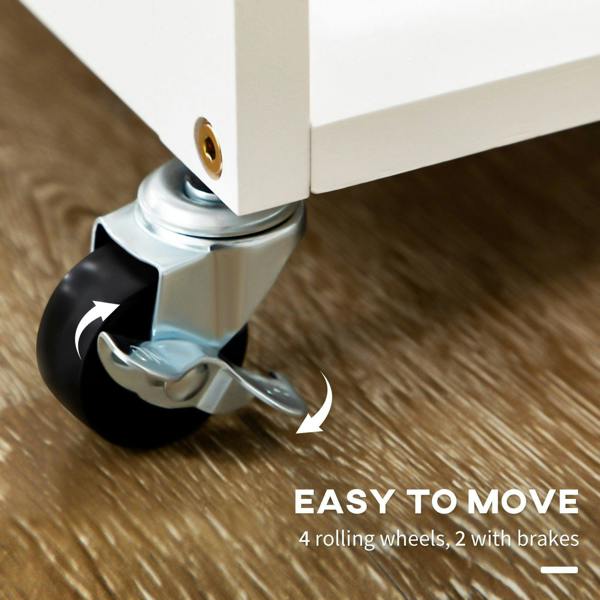 Rolling wheels on white kitchen island cart with two braked casters