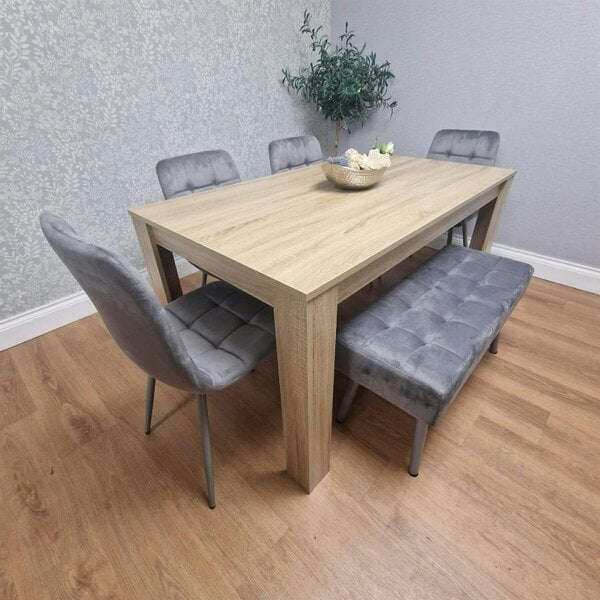 Kosy Koala Oak Effect Dining Table Set With 4 Grey Velvet Chairs And Grey Velvet Bench Dining Room Furniture