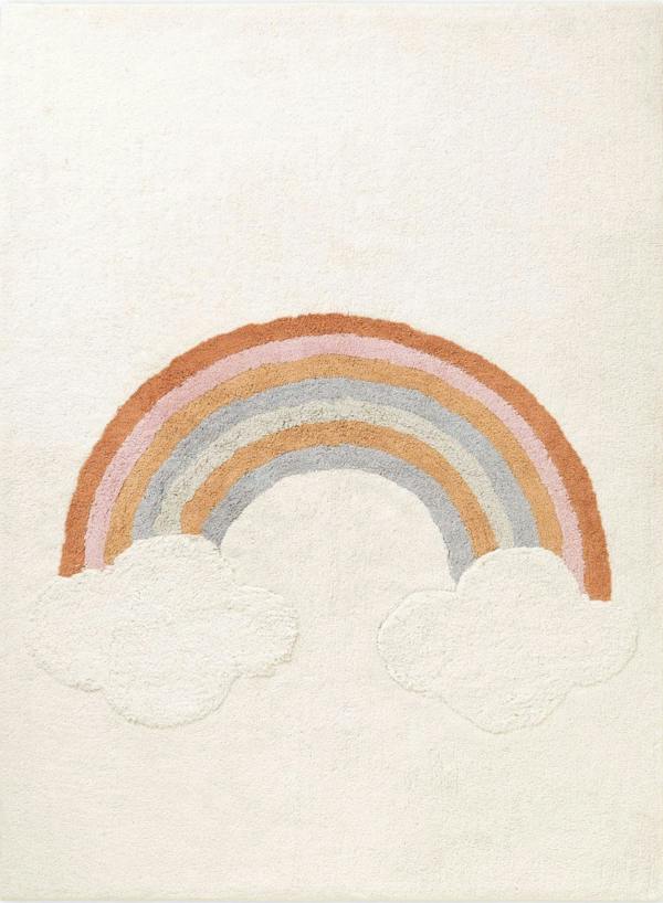 Rug with a rainbow and cloud design on a beige background