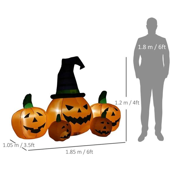 Inflatable jack-o'-lantern pumpkin display with witch hat, shown with size guide