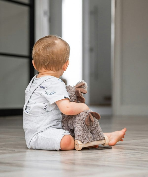 little boy hugging donkey teddy. In the range of soft toys 