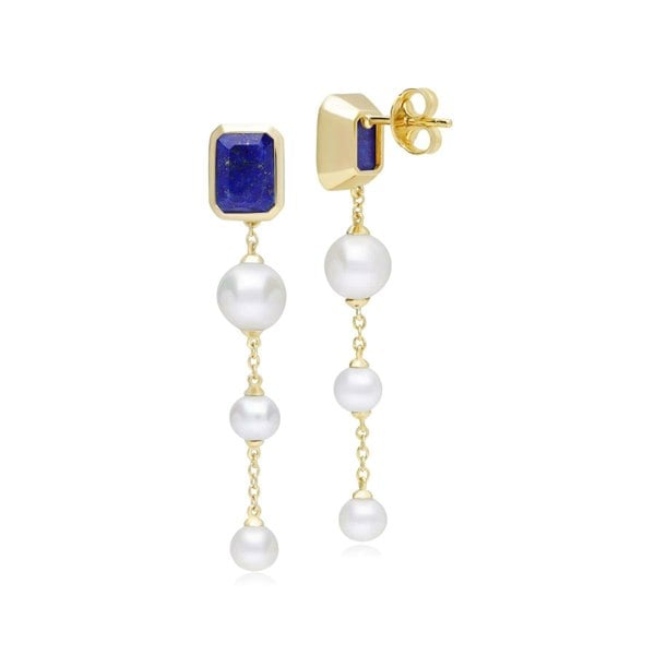 270E034001925 ECFEW™ Unifier Lapis Lazuli & Pearl Dangle Drop Earrings In Yellow Gold Plated Silver 4