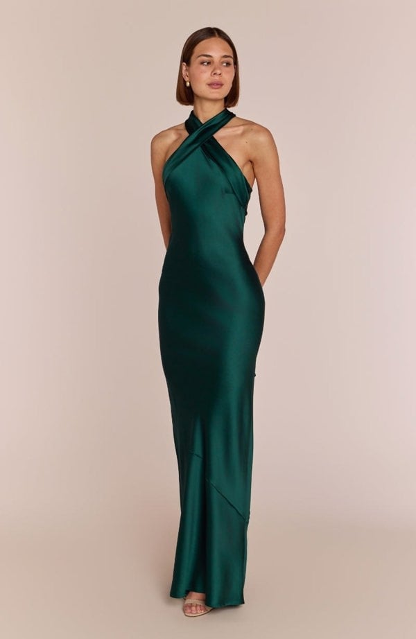 Rewritten London Roma Dress in Forest Green Satin