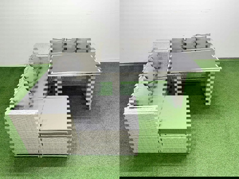 Fimous Rattan Garden Furniture Dining Set 7 seater Patio Rectangular Table Sofa Set with Side Table Big Stool Light Grey