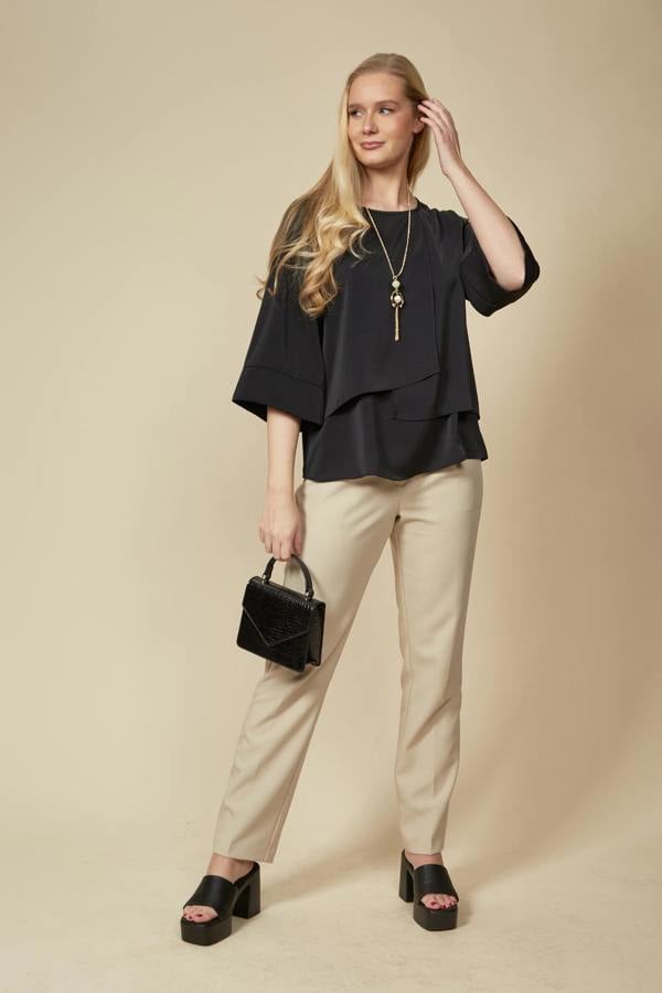 Hoxton Gal Layered Blouse With 3/4 Sleeves in Black with Necklace
