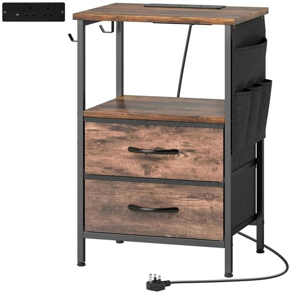 Rustic brown bedside table with charging ports, two drawers, open shelf, metal frame
