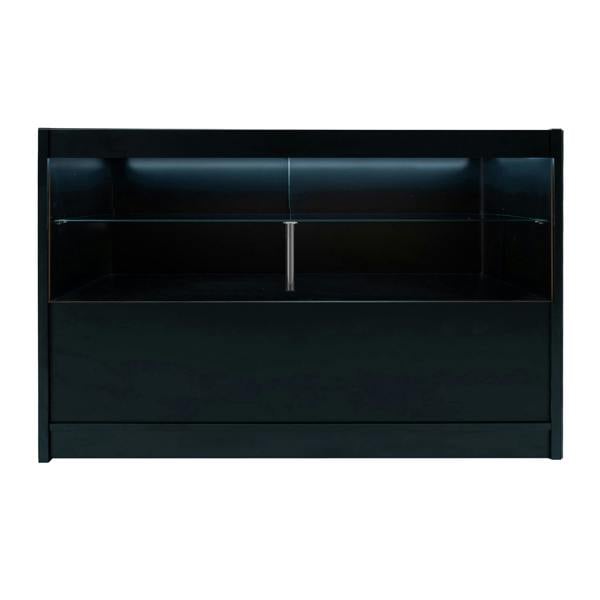 Eclipse LED shop counter set in sleek black, featuring a modern design with illuminated shelves and spacious storage compartments