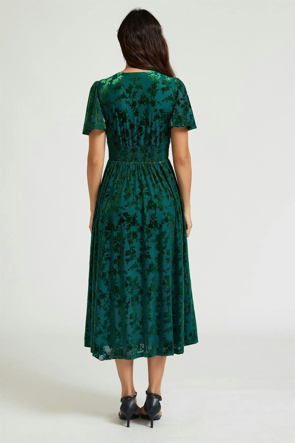 FS Collection Floral Velvet Devore V neckline Dress In Green