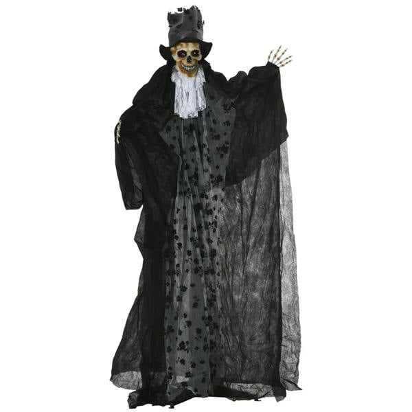 Black ghost bridegroom animatronic prop with skull face, top hat, flowing robe, raised hand