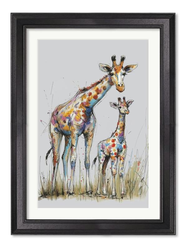Exceptional Art Family of Giraffes Cosy Sketch - Black Hurstwood Frame