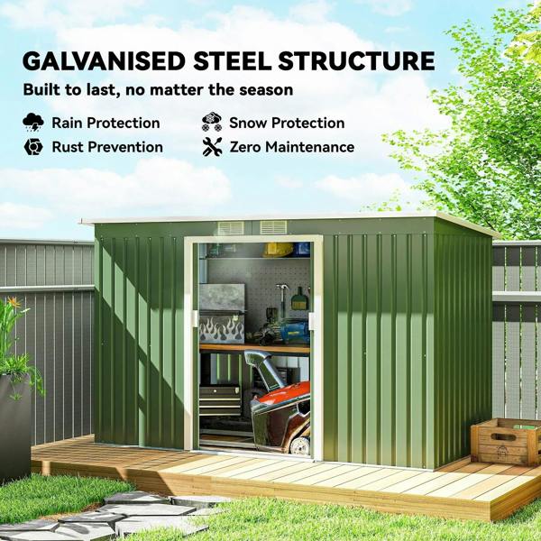 Light green metal garden shed with open double doors and interior tools