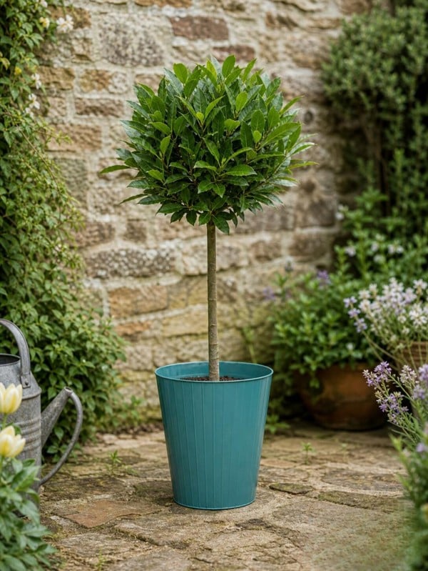 Bay Tree Standard – 90cm Tall Hardy Evergreen Laurus Nobilis for Pots & Borders - Metal Vertical Line Teal