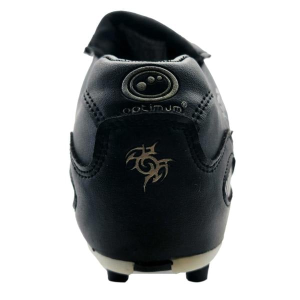Black Optimum Razor football boot, heel view with logo and tribal graphic embossed on white - Optimum