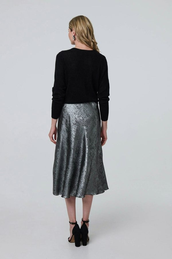 Silver | Metallic A-Line Midi Slip Skirt
