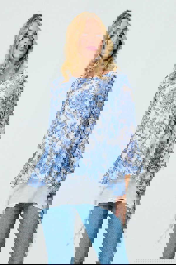 Blue | Floral 3/4 Sleeve Layered High Low Tunic
