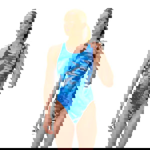 Speedo Club Training printed powerback swimsuit in blue white abstract