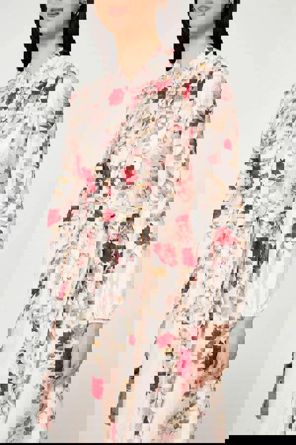 White | Floral Tie Waist Long Sleeve Midi Dress