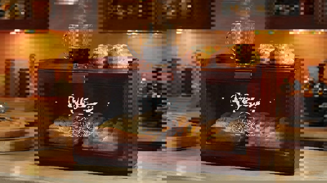Wooden bread box with bread slices and a glass of coffee on a kitchen counter.