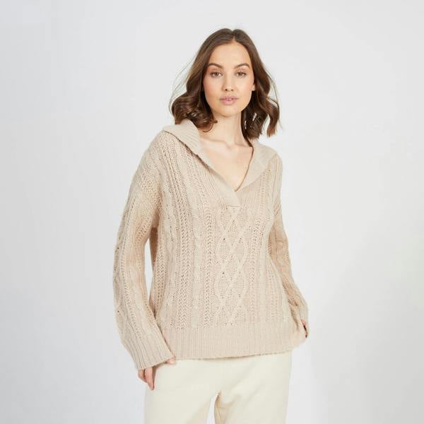 Brave Soul Stone V-Neck Cable Knit Jumper - Stone Image 1