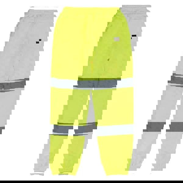 Scruffs High Visibility Mens Hi Viz Trade Workwear Trade Joggers, neon yellow reflective safety work trousers with grey reflective bands around the legs.