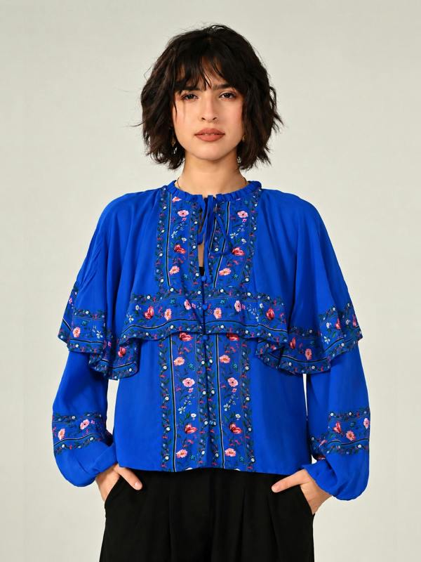Rose & Nancy Tory Blue Floral Cape Blouse