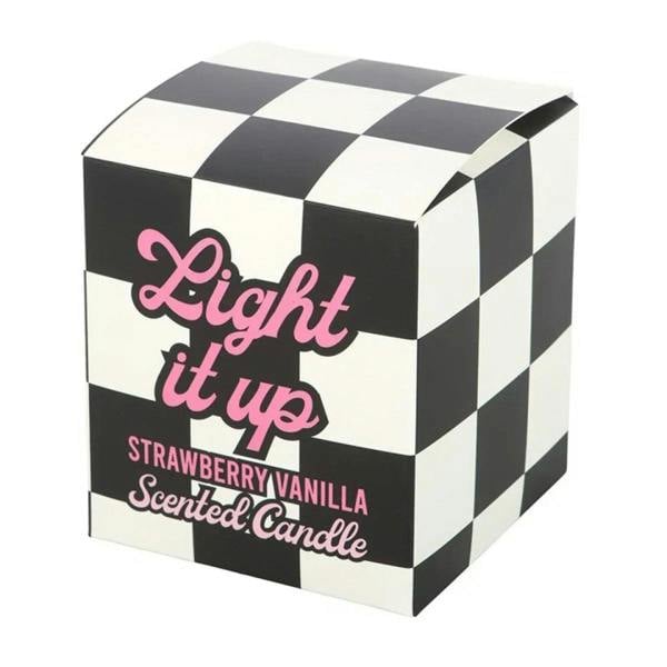 Black-and-white checkered gift box for strawberry vanilla scented candle with pink lettering