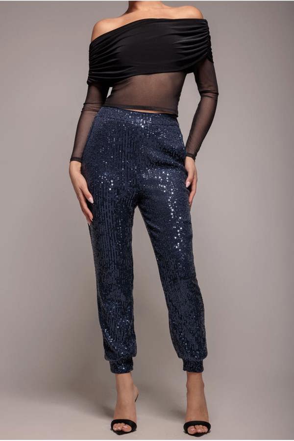 Sequin Cuffed Ankle Trouser - Navy TR360