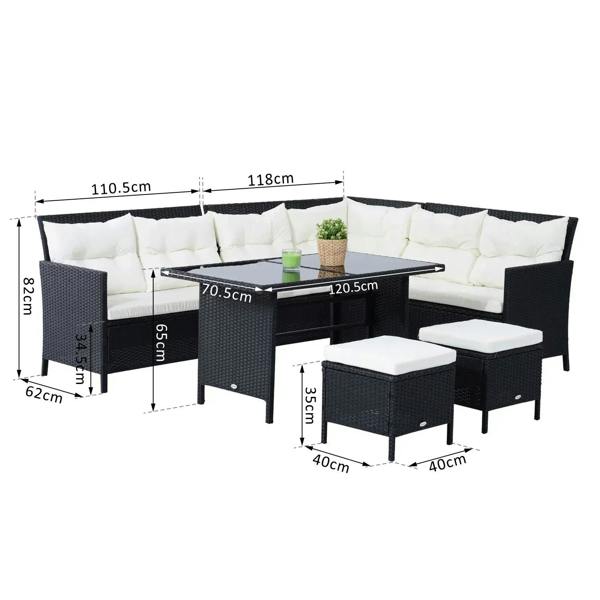 Black rattan corner dining sofa set with white cushions and rectangular coffee table