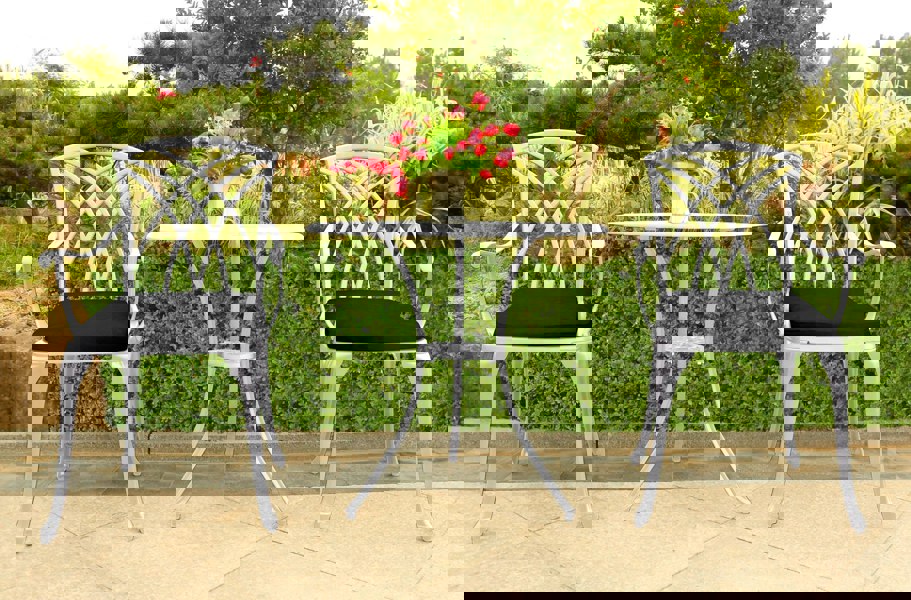 Centurion Supports OSHOWA Luxurious Garden and Patio Table and 2 Large Chairs with Armrests Cast Aluminium Bistro Set - White with Black Cushions