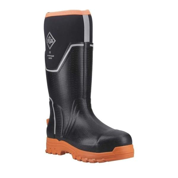 Muck Boots MUCK Boots GRIT S5 Womens Tall Safety Composite Toe/Midsole Wellie, black and orange tall safety work boot with composite toe, midsole, and slip-resistant orange sole.