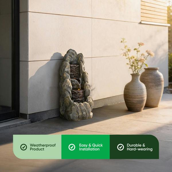 Gardenwize Solar Water Feature – Tiered Cascading Rock Fountain with LED Lights & Battery Backup