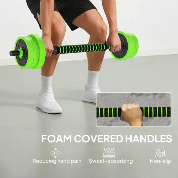 Green dumbbell with black ribbed grip on a bar, hands holding foam-covered handles