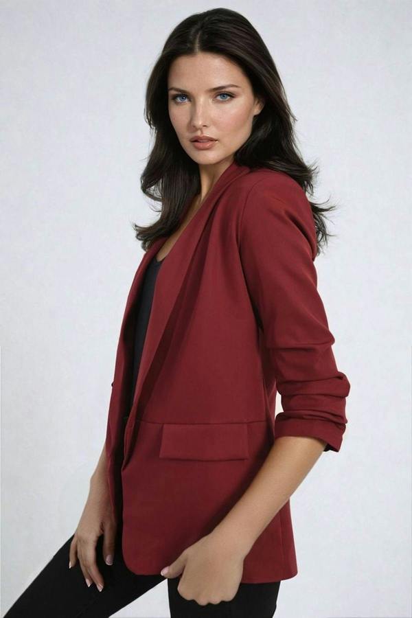 Valerie Ruched Sleeve Open Front Blazer Jacket With Front Pockets - Wine