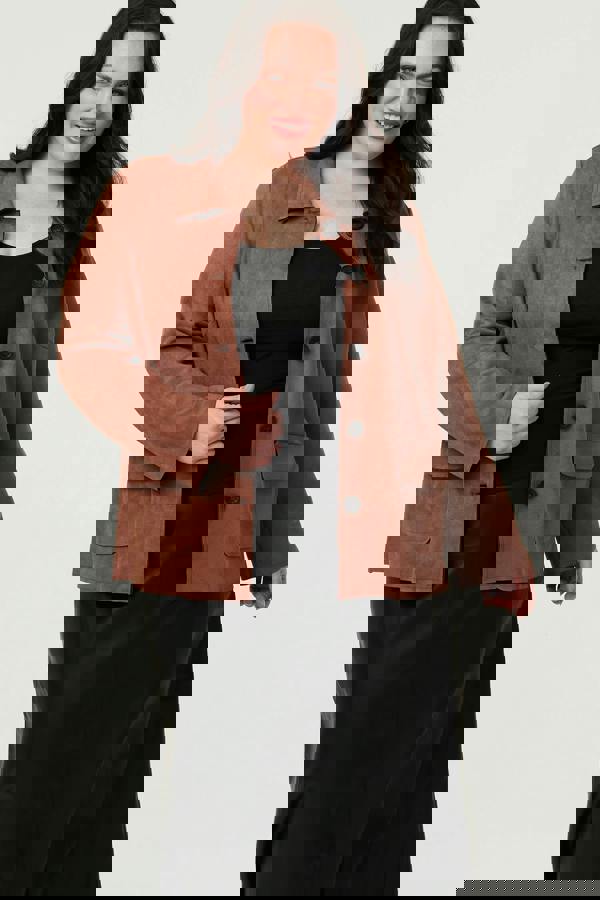 Brown| Curve Faux Suede Button Front Shirt Jacket