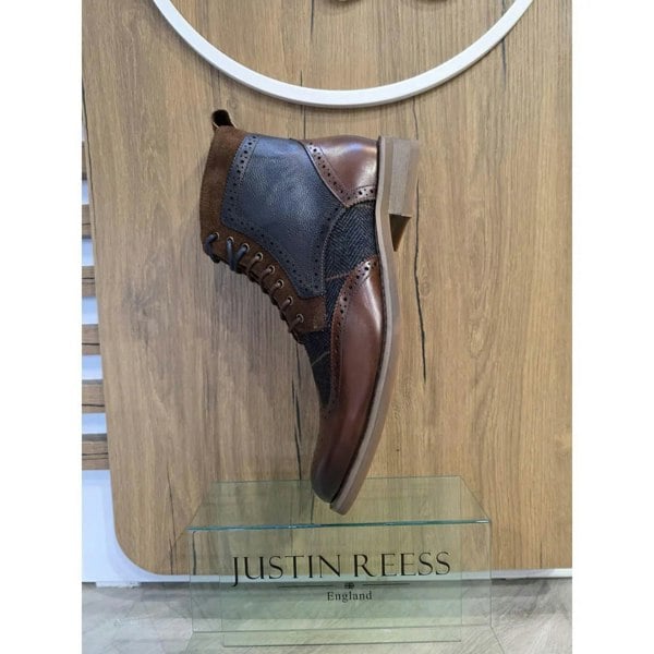 Justin Reess Teddy - Men's Brown Leather Navy Tweed Oxford Shoes