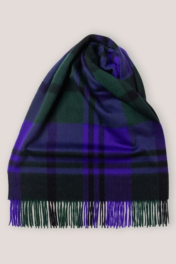 Joshua Ellis Black Watch Classic Check Wide Cashmere Scarf Purple x Green