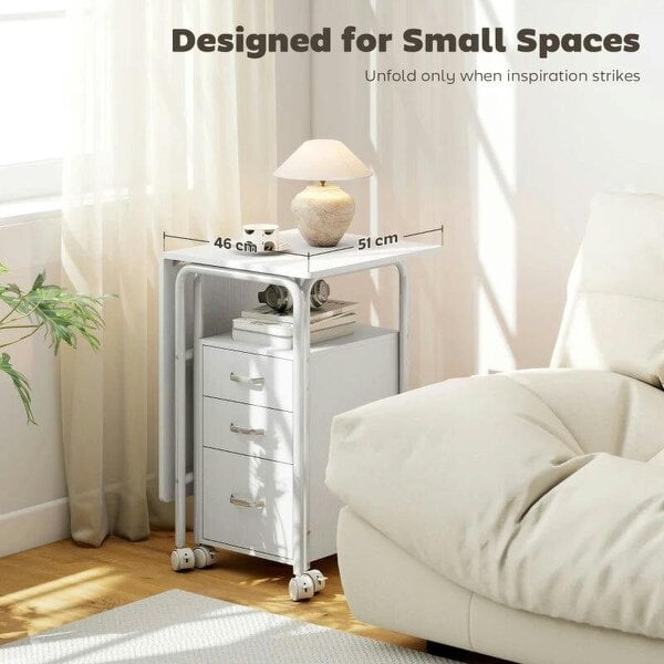 105 x 51 cm Foldable Office Deskwith 3 Drawers, Extendable Top, Wheels, White