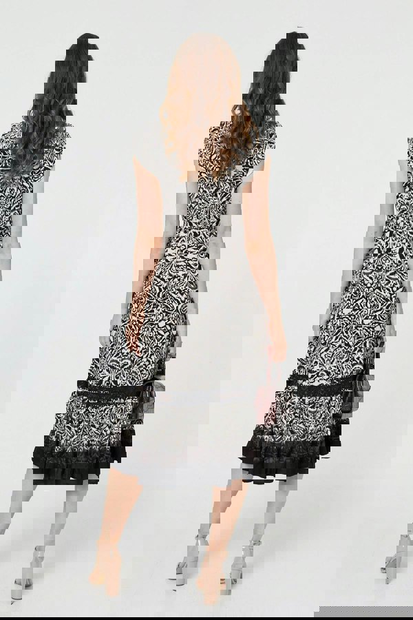 Black | Border Print Shirred Knee Length Dress