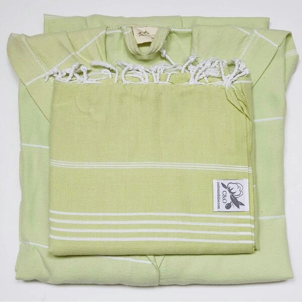 Cotton and Olive SET: Tassel Unisex Hammam Robe + Bath Sheet Set - Green with White Stripes