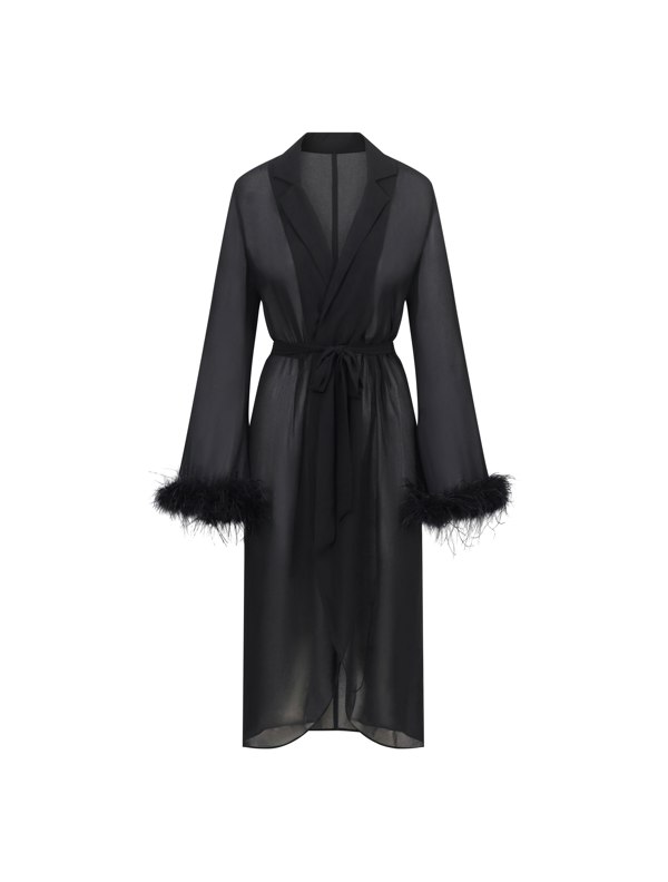 BALOU Ostrich Feather Trimmed Wrap Midi Dress - Black