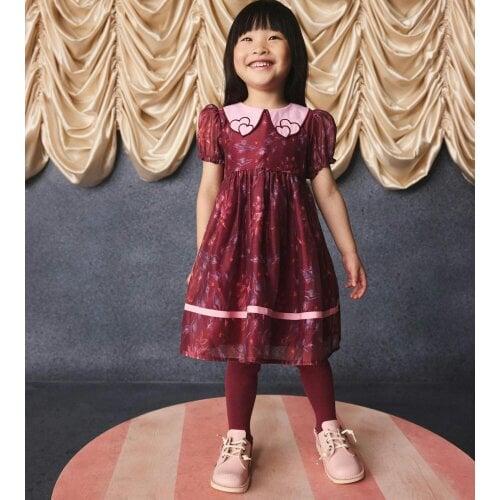 Cath Kidston Girls Floral Embroidered Puff Sleeve Dress - Burgundy