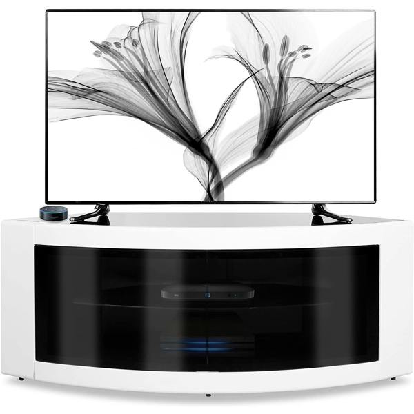 Homeology PANGEA Gloss Black and White Beam-Thru Glass Doors Curved Unit Tru-Corner 32"-50" TV Cabinet