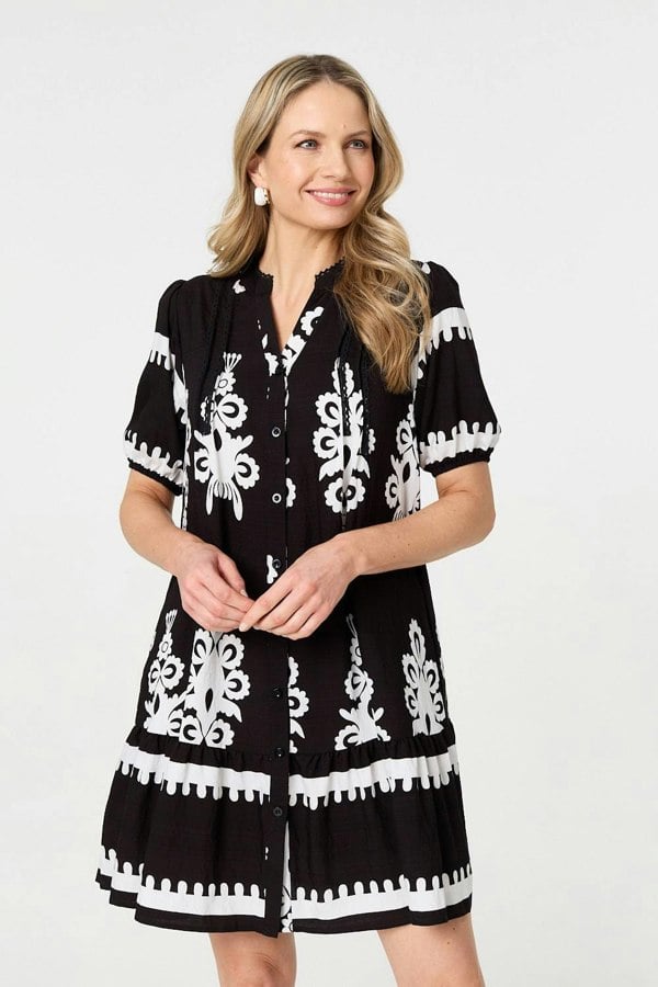 Black | Printed Lace Trim Relaxed Short Shirt Dress
