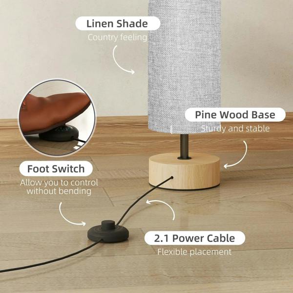 Grey linen floor lamp with pine wood base and foot switch control