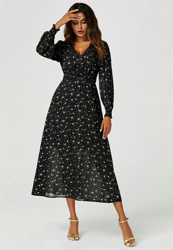 FS Collection Gold Star Foil Long Sleeve Maxi Dress In Black