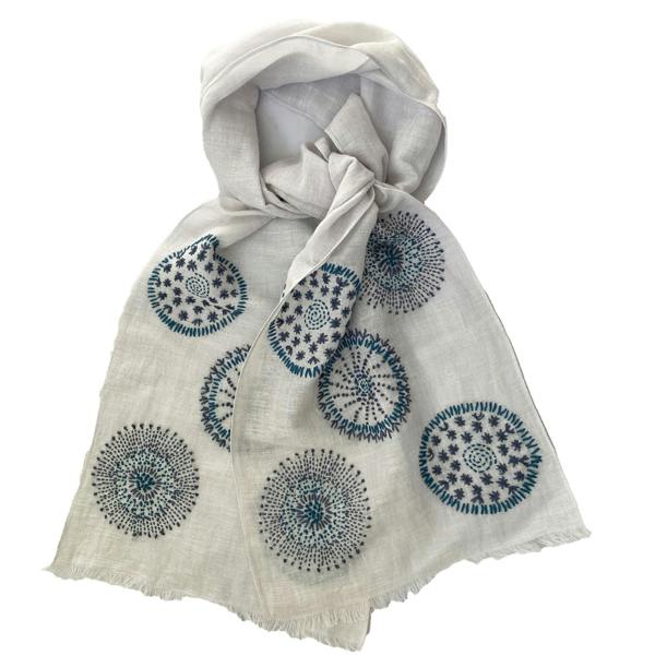 Hayley & Co Hand Embroidered 100% Linen Scarf in Light Grey and Blue