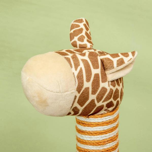 Beige giraffe-pattern plush top on a striped scratching post of a cat tree