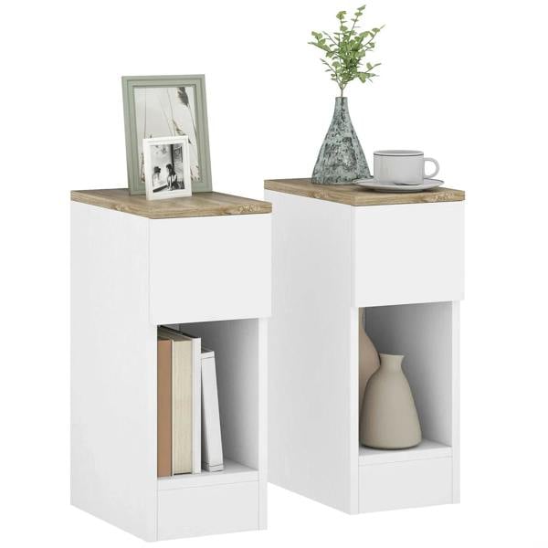Set of two white bedside storage tables with open shelf and framed front panel