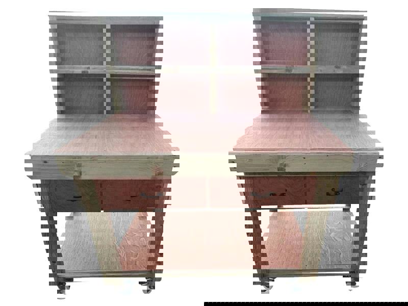 Wooden eucalyptus Top Workbench – Mobile Tool Cabinet with Drawers, Back Panel and wheels, Ideal for Dry Indoor Spaces Such as Garages, Workshops, and Studios.