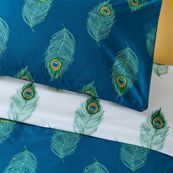 Their Nibs Peacock Feather Cotton Reversible Duvet Cover Set Teal Green